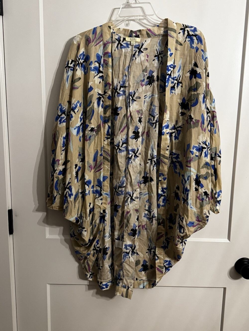 Kori America Long Floral Kimono Caftan Beige Blue Sz S Light Airy Casual